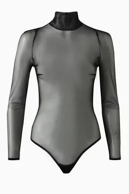 Women's Black Long Sleeve Transparent Stretch Mesh Bodysuit