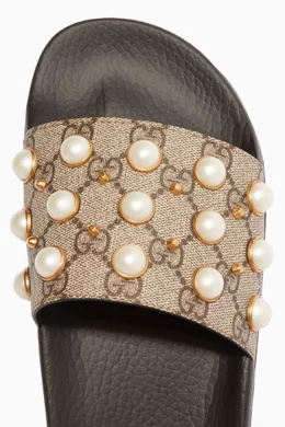 Buy Gucci Neutral Beige GG Supreme Pearl Slides For Women Online Ounass Qatar