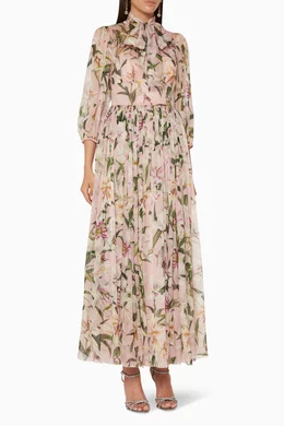 Dolce & Gabbana☆シルク ミディワンピース フローラルプリント Buy Dolce & Gabbana Pink Lily-Print Bow-Tie Chiffon Midi