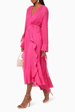 Buy Self-Portrait Pink Ruffle Pleated Chiffon Midi Dress For Women Online |  Ounass Qatar