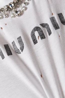 Buy Miu Miu White Crystal Embroidered Crop T-shirt in Cotton