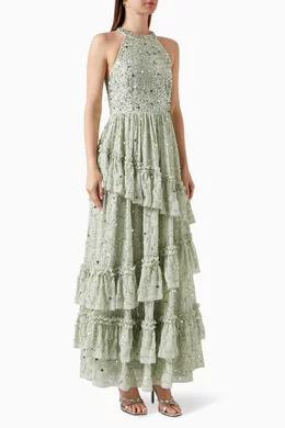 Buy Maya Green Embellished Halterneck Ruffle Maxi Dress For Women Online |  Ounass Qatar