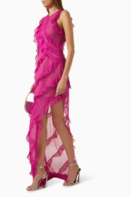 elliatt debra asymmetrical ruffle dress Elliatt Debra Textured Draped Sheer Gown In Orchid