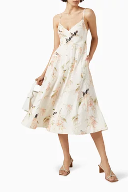 【ZIMMERMANN】picnic floral-print linen ミディ ドレス ZIMMERMANN Picnic Floral-Print Linen Midi Dress in Buff