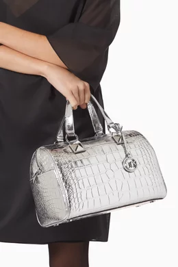 Buy Michael Kors Silver Medium Grayson Duffel Bag in Metallic Croc