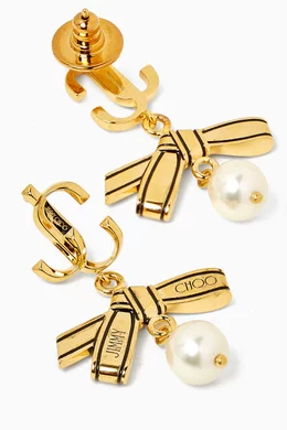 ★JIMMY CHOO★Ribbon Pearl Earrings★Gold l Buy Jimmy Choo Gold JC Ribbon Pearl Earrings in Gold-tone