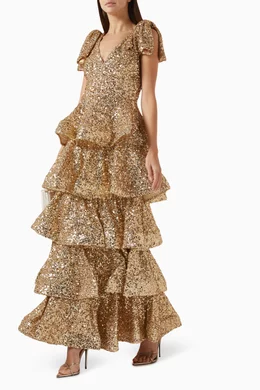 Buy Mac Duggal Gold Sequin-embellished Tiered Ruffled Gown For Women Online  | Ounass Qatar