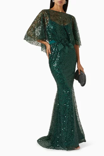 Mermaid Cape Gown in Stretch-sequin