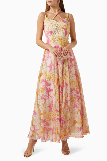 Floral-print Strappy Maxi Dress in Scuba & Chiffon