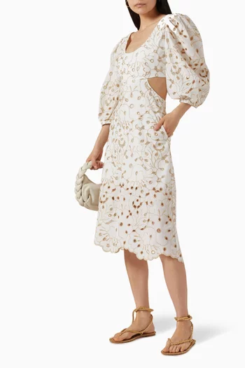 Merida Embroidered Midi Dress in Cotton-blend