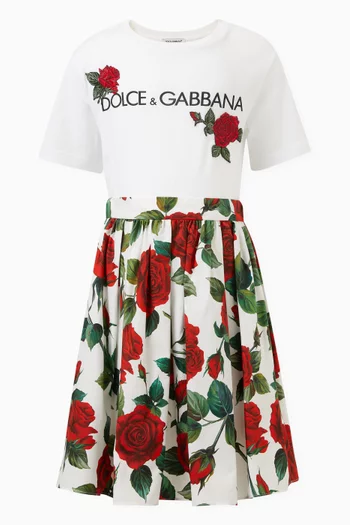 Roses Print Midi Skirt in Cotton Poplin