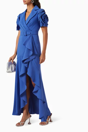 Rosette Ruffle Gown in Stretch-crepe