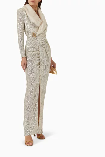 Faux-fur Collar Sequin-embellished Dress