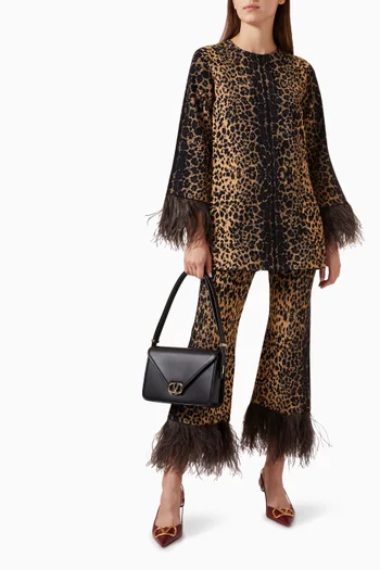 Feather-trimmed Flared Pants in Animal-print Jacquard