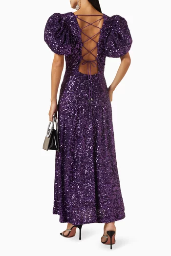 Puff-sleeve Midi Dress in Sequins