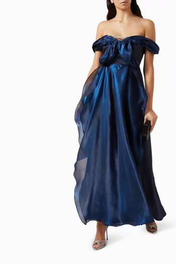 Embellished Off-the-shoulders Dress in Stretch-satin