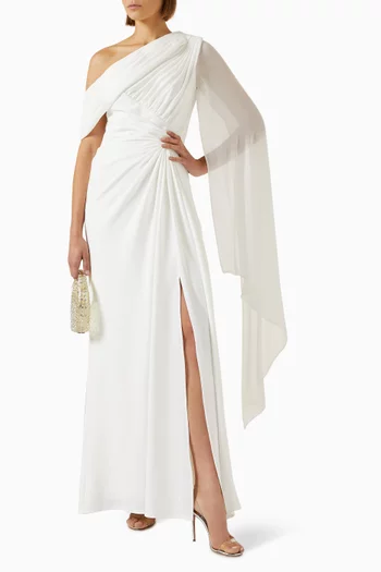 Quill Draped Cape Sleeve Gown in Crepe & Chiffon