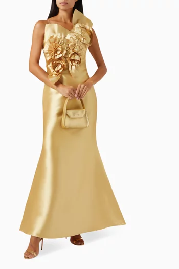 3D Floral Applique Maxi Dress in Satin