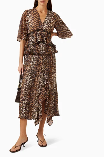 Leopard-print Flounce Midi Skirt in Pleated Georgette