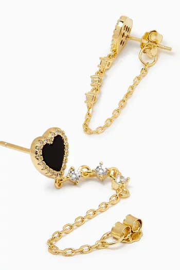 Heart Pavé Onyx Drop Chain Earrings in 14kt Gold-plated Sterling Silver