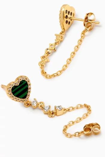 Heart Pavé Malachite Drop Chain Earrings in 14kt Gold-plated Sterling Silver