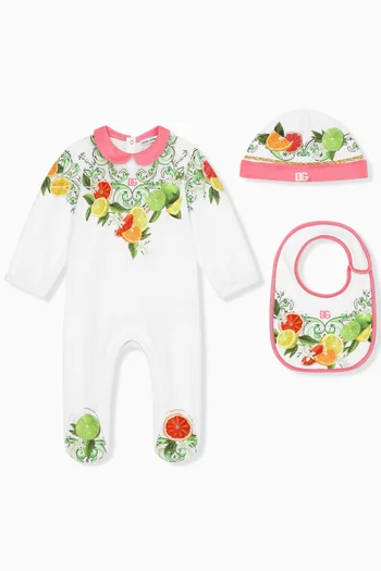 Fruit Print Romper, Bib and Beanie Gift Set in Cotton Jersey