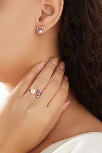 Kiku Sparkle Pearl, Purple Amethyst & Diamond Ring in 18kt Rose Gold