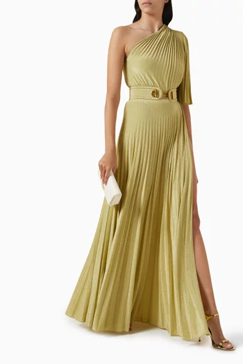 One-shoulder Pleated Maxi Dress in Stretch Lurex-jersey