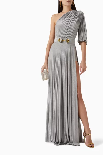 One-shoulder Pleated Maxi Dress in Stretch Lurex-jersey