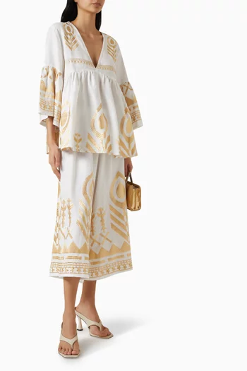 Deep V-neck Embroidered Tunic in Linen