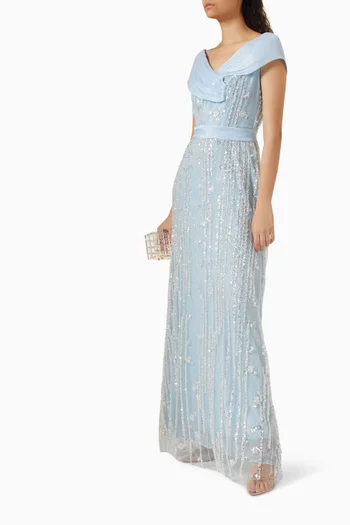Sequin-embellished Off-shoulder Maxi Dress