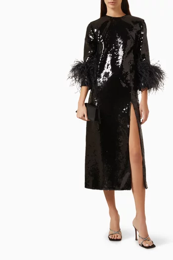 Billie Feather-trimmed Midi Dress in Sequin