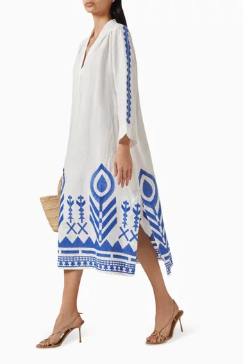 Embroidered Feather Maxi Dress in Linen