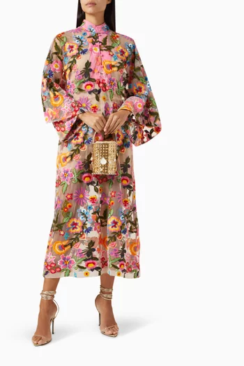 Floral Embroidery Maxi Kaftan in Tulle
