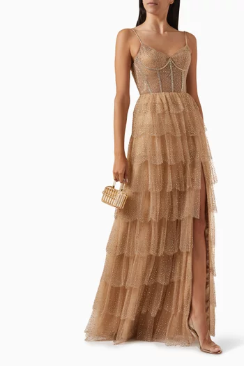 Layered Skirt Gown in Beaded Tulle