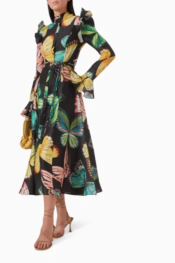 Katrina Papillon-print Midi Dress in Linen-silk