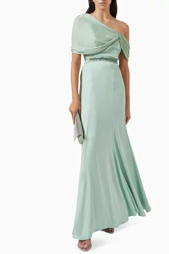 Draped One-shoulder Maxi Dress in Crepe & Lurex Organza