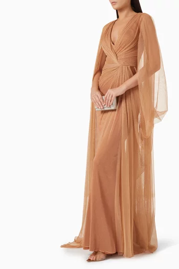 Asymmetrical Sleeve  Draped Dress in Tulle