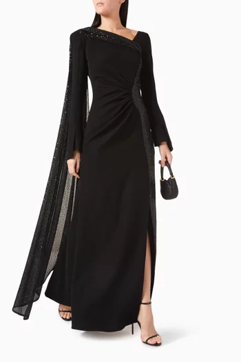 Ruched Asymmetrical Maxi Dress in Cady & Sequins