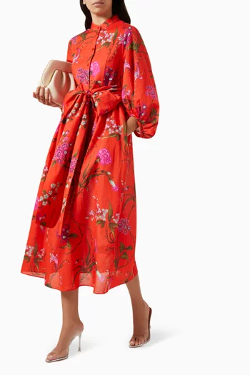 Printed Belted Midi Dress in Cotton-linen