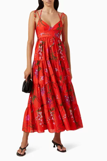 Floral-print Midi Dress in Cotton-linen