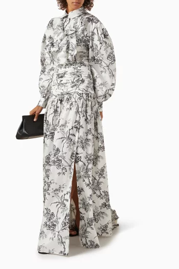 Botanical Toile-print Gathered Maxi Skirt in Cotton-voile