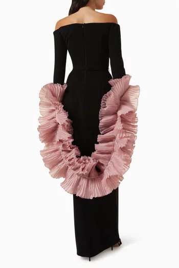 Cyclamen Embellished Ruffle Dress in Stretch Crepe