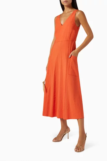 Relaxed V-Neck Pocket Midi Dress in Linen-blend
