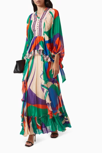 Orchid Printed Cape Maxi Dress in Chiffon