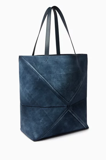 XL Puzzle Denim-effect Fold Tote Bag in Suede