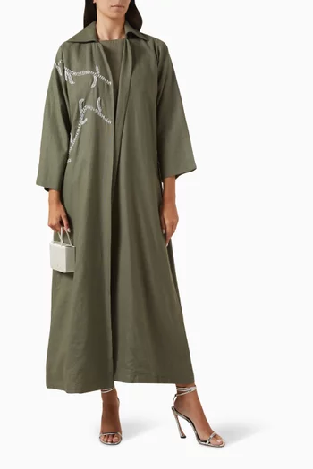 Jade Blossom Embellished Abaya in Linen