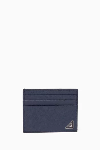 Dark-Blue Triangle Logo Saffiano Leather Card Holder