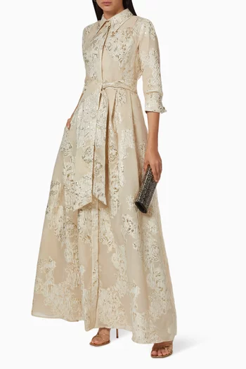 Metallic Shirt Gown in Floral Jacquard