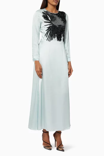 Palm Embroidered Dress in Satin   
